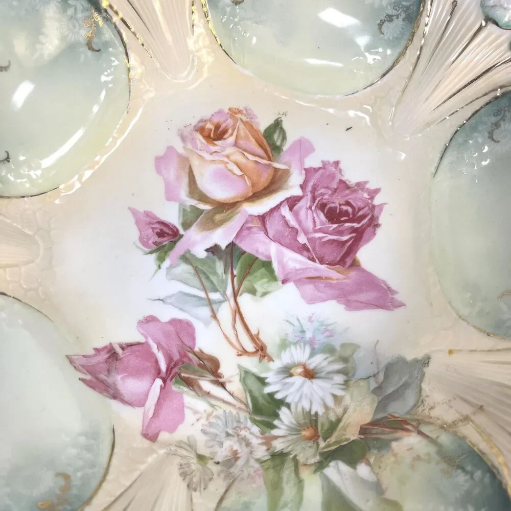 Antique R.S. Prussia Serving Bowl Roses Teal Panels Gold Gilt RED MARK (c. 1900)